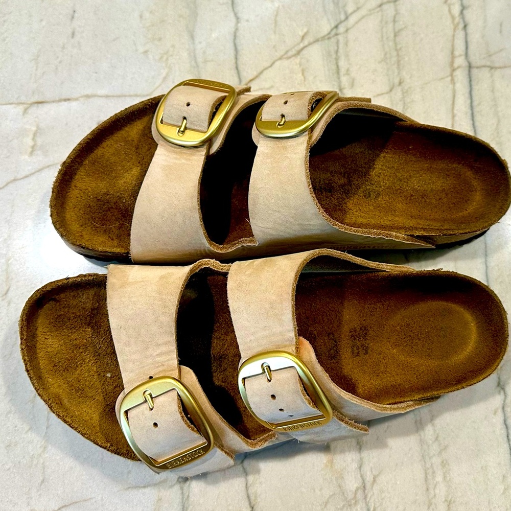 Birkenstock tan big buckle wide